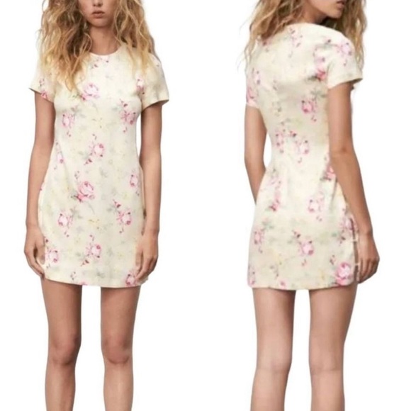 Zara Satin Effect Cut Out Sides Yellow Floral Mini Dress Size Medium - Picture 1 of 9